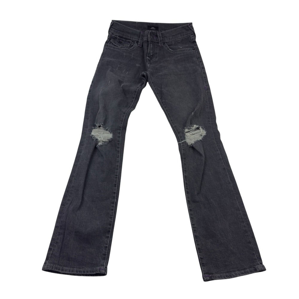 True Religion Ricky Jeans Relaxed Straight Black Distressed Purple Stitch 30x35
